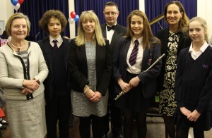 Left to Right for photograph Susan Stathers (Chair of Governors), Toby U (Yr7), Clare Talbot (Headteacher), Matthew Nash (Head of Music), Mille B (Yr 9), Nikki Barton, County Councillor, Eloise H (Yr 7)