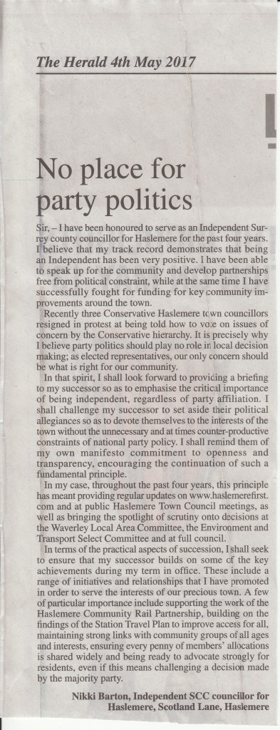 NB Haslemere Herald Letter